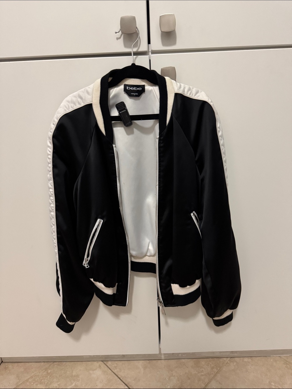 bebe Black and White Satin-Trim Bomber Jacket